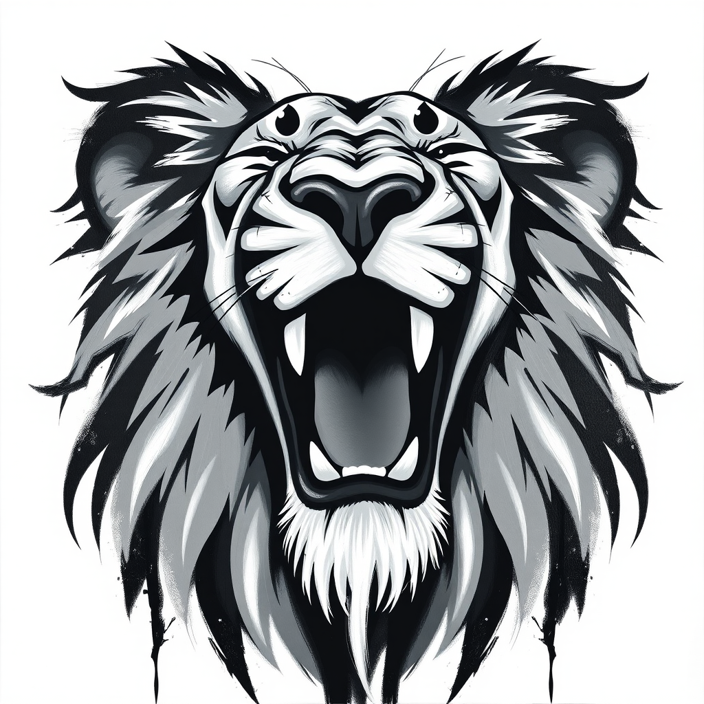 Abstract black and white acrylic portrait of an over exaggerated laughing (lion). Minimalism style. White background.