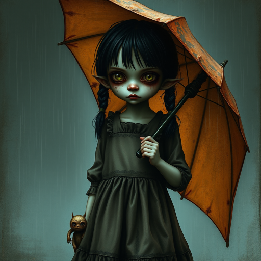 An eerie, weird little girl with dark hair in thin pigtails, wearing a smock dress, standing in the rain, holding a dirty orange umbrella, a small, odd creature beside her. In a surreal style inspired by Nicoletta Ceccoli and Brian Froud. Dark fantasy themes