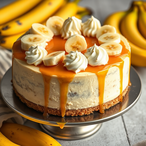 Create an image of a delicious banana cheesecake with a golden caramel topping and slices of banana on top. The cheesecake has a smooth texture and is garnished with swirls of whipped cream. The setting includes a metallic cake stand and fresh bananas in the background. Make the scene inviting and appetizing.