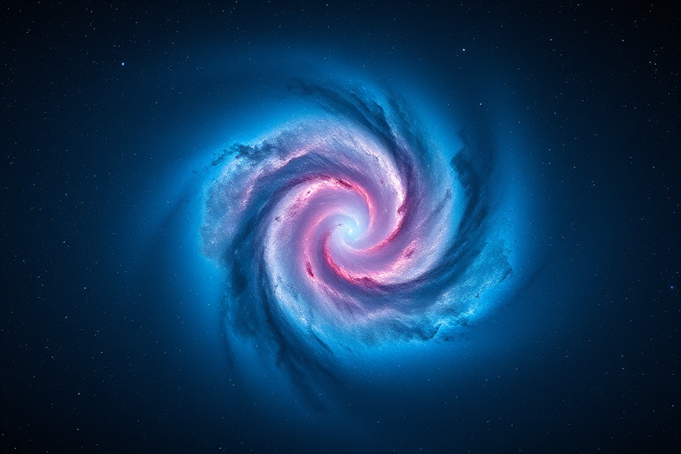 Astrophotography of a swirling nebula in deep space, featuring vibrant blue and purple hues, captured with a Canon EOS 6D, 24mm lens, f/2.8 aperture, ISO 1600, 20-second exposure, untracked shot, panoramic view.
