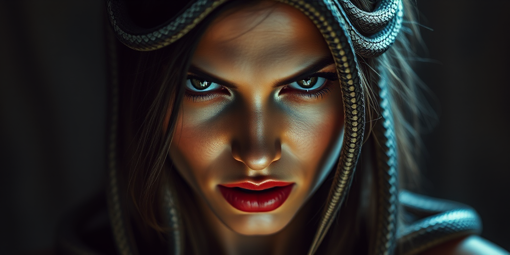 Portrait of a woman with snakes for hair, fierce expression, dramatic lighting, close-up shot, 35mm lens, f/2.8 aperture, ISO 100, soft focus background, cinematic style, high detail, digital art quality.