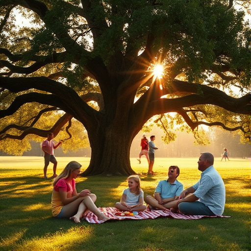 Warmly lit image of a family enjoying a picnic under a large oak tree, soft sunlight filtering through the leaves, casting dappled shadows on the ground, with the distant sound of children laughing.