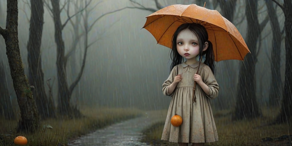 An eerie, weird little girl with dark hair in thin pigtails, wearing a smock dress, standing in the rain, holding a dirty orange umbrella, a small, odd creature beside her. In a surreal style inspired by Nicoletta Ceccoli and Brian Froud. Dark fantasy themes