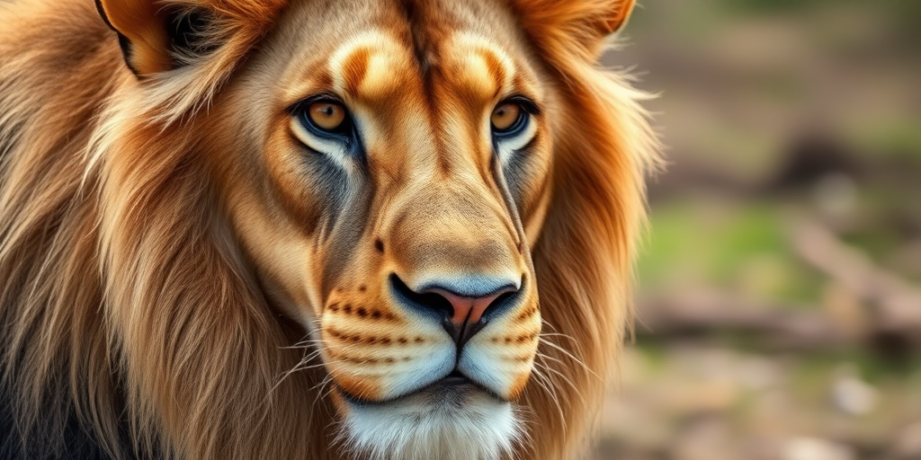 A close-up portrait of a majestic lion with a strong focus on its face and flowing mane, captured in natural daylight using a DSLR camera at f/2.8, ISO 200, 1/500 sec, with a shallow depth of field and a slightly blurred background to enhance detail and clarity.