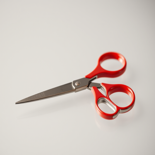Create a high-resolution image of a pair of red and silver scissors on a transparent background, shot with a DSLR camera at f/2.8, shutter speed 1/125 sec, ISO 100, in macro view, using natural light to enhance details.