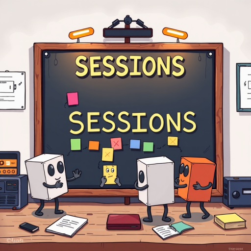 Create a detailed illustration of a board titled "SESSIONS" with playful, animated square character devices engaging around it, multicolored notes being exchanged, use a 50mm lens, f/8 aperture, ISO 100, 1/125s shutter speed, in vibrant colors with a clear, sharp focus.