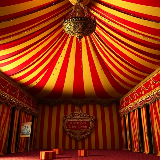Create a realistic 3D render of a vintage circus tent interior with red and gold striped fabric and ornate decorations, using a Canon EOS R5, 50mm f/1.2 lens, aperture set to f/4 for depth of field, with soft natural lighting to enhance textures and details.