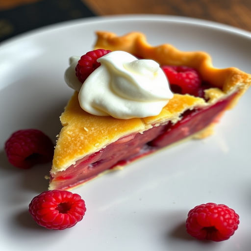 Generate an image of a slice of raspberry pie with a flaky crust and whipped cream on top, captured from a 45-degree angle using a DSLR camera at f/2.8 aperture, ISO 100, and a 50mm lens for enhanced depth of field and clarity.