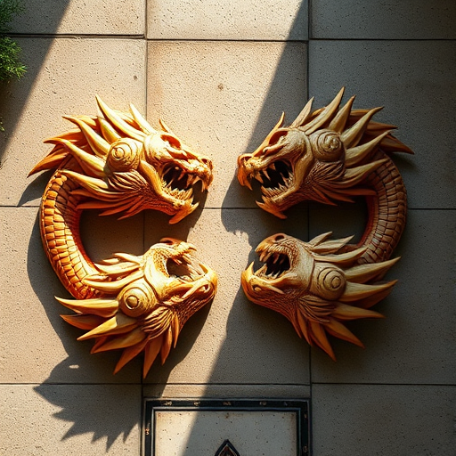 Create a high-resolution image of four stylized dragon heads in a circular arrangement, using a DSLR camera with a 50mm lens, f/2.8 aperture, ISO 100, shot from an overhead view with soft natural lighting.