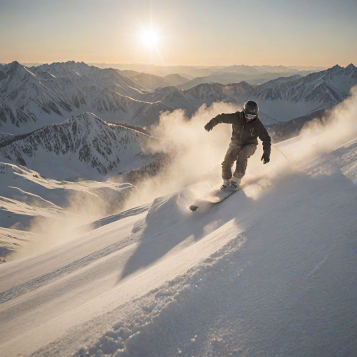 Blurry action shot of a snowboarder carving through fresh powder on a snowy mountain, soft light from the setting sun casting long shadows over the landscape and distant peaks barely visible through the mist.