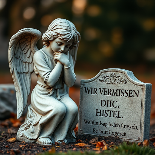 Create an image of a sorrowful angel statue sitting beside a gravestone with the words "Wir Vermissen Dich," captured with a Canon EOS 5D Mark IV at f/2.8, ISO 100, 50mm focal length, using a shallow depth of field to enhance details and texture in a soft, warm light.