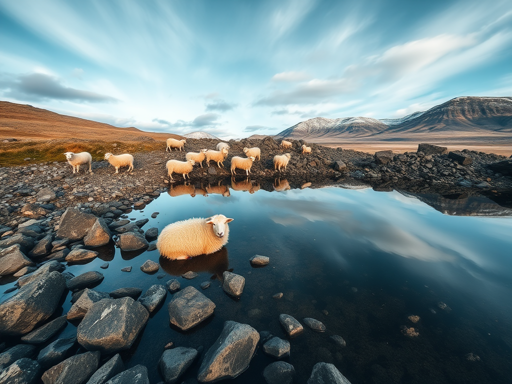 Wide-angle shot of a serene landscape featuring a flock of sheep resting by a rocky shore reflected in still water, captured with a Canon EOS R5, f/8 aperture, ISO 100, 1/200 sec shutter speed, natural lighting.
