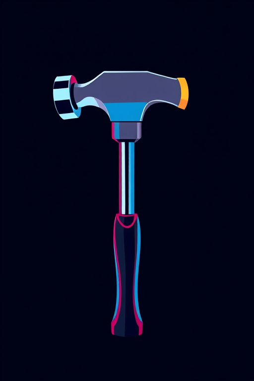 Create a high-quality illustration of a hammer with a sleek design, focusing on a modern aesthetic and vibrant colors, using a Canon EOS R5 with a 50mm lens at f/2.8, ISO 100, and a shutter speed of 1/200s, in a softbox lighting setup for enhanced detail and clarity.