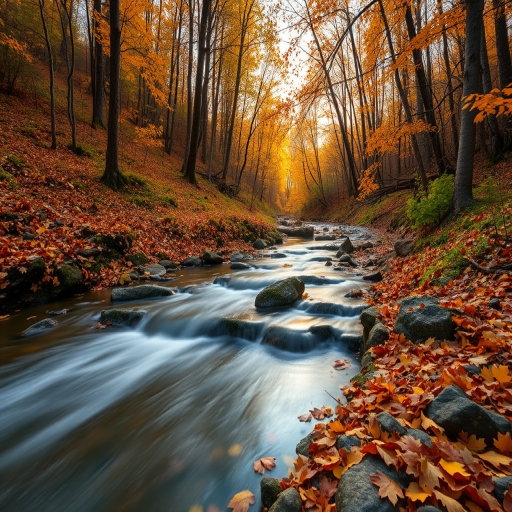Capture a serene autumn landscape with a flowing stream surrounded by colorful foliage, using a DSLR camera, 24mm lens, f/11 aperture, 3-second exposure for smooth water effect, and golden hour lighting to enhance warm colors.