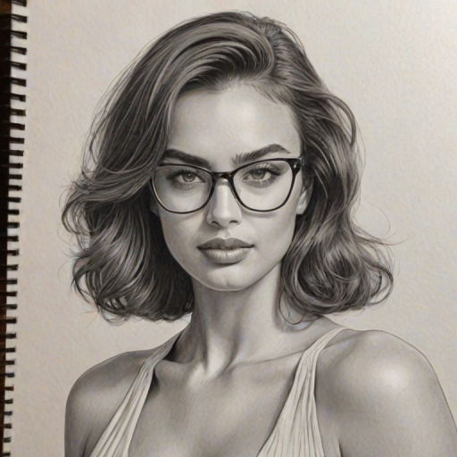 Ravishing Irina Shayk, pencil sketch, portrait of Enchanting woman 1964s in glasses, hair style beatnik, outline, clear lines, fine lines, 8k