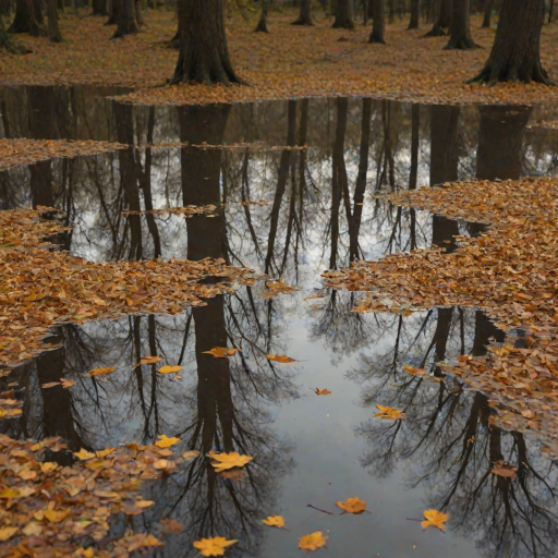 trees reflecting in a puddle of water mirror of trees, a cloudy sky with golden light, low grip, autumn atmosphere, dead leaves in the puddle, 4k