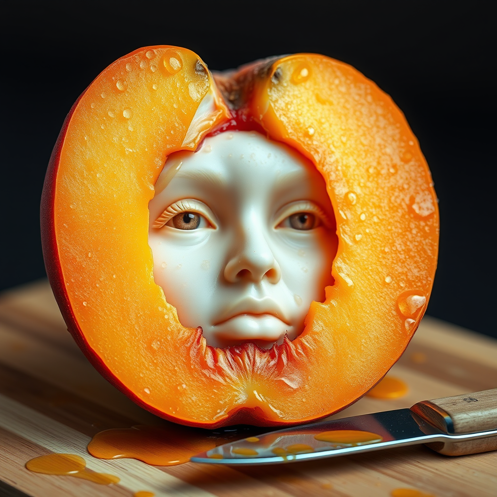 A hyperdetailed photorealistic macro color saturated high resolution image of a peach cut in half, with the peach pit being a highly detailed sculpted woman's face with her eyes open and peach-colored irises. The face has a marble texture. The image includes condensation, moisture, and peach juice. The peach is on a wooden cutting board with a small fruit knife nearby, also covered with juice.