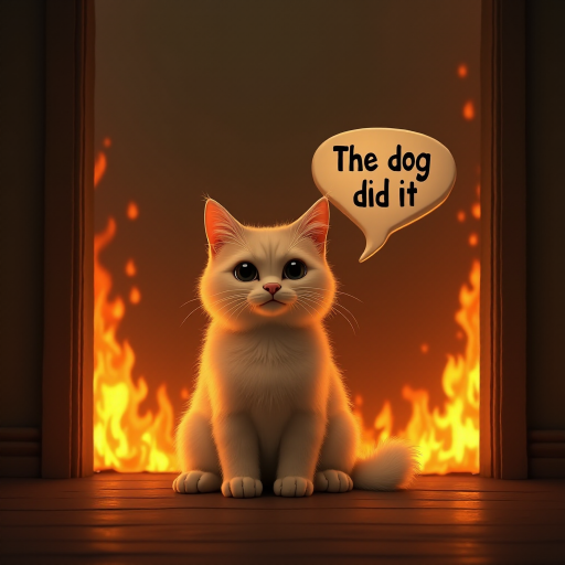 Photorealistic image of an innocent-looking cat sitting calmly in the middle of a burning room. Flames engulf the room, with fire licking up the walls and smoke filling the air. The cat is sitting on the floor, looking directly at the viewer with wide, innocent eyes. Above the cat, a speech bubble says "The dog did it". The contrast between the cat's calm demeanor and the chaos around it creates a humorous and surreal scene.