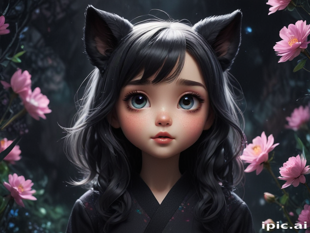 Whimsical Portrait of a Young Girl with Cat Ears Surrounded by Blossoms