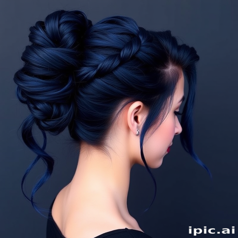 Dramatic midnight blue locks styled in a sleek, high ponytail with a braided wrap and cascading tendrils, embodying celestial beauty in the "Starry Night" updo