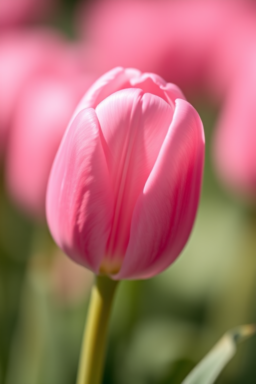 macro shot of a pink tulip with soft focus background, aperture f/2.8, shutter speed 1/200s, ISO 100, taken with a DSLR camera, natural light, shallow depth of field