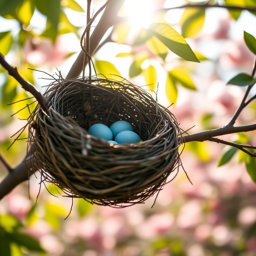 Softly focused close-up of a robin's nest in a tree, soft sunlight filtering through the leaves, with delicate blue eggs nestled inside and distant blossoms providing a colorful backdrop.