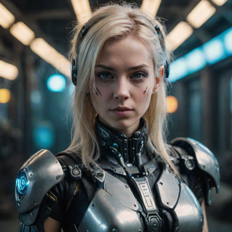 front view portrait of a blonde cybernetic woman in a cyberpunk setting