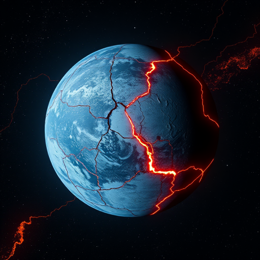create a highly detailed image of a cracked planet surrounded by glowing lava cracks in space, use a 50mm lens with f/1.8 aperture, capture a close-up view with a slight tilt, use a DSLR camera for enhanced clarity and depth.