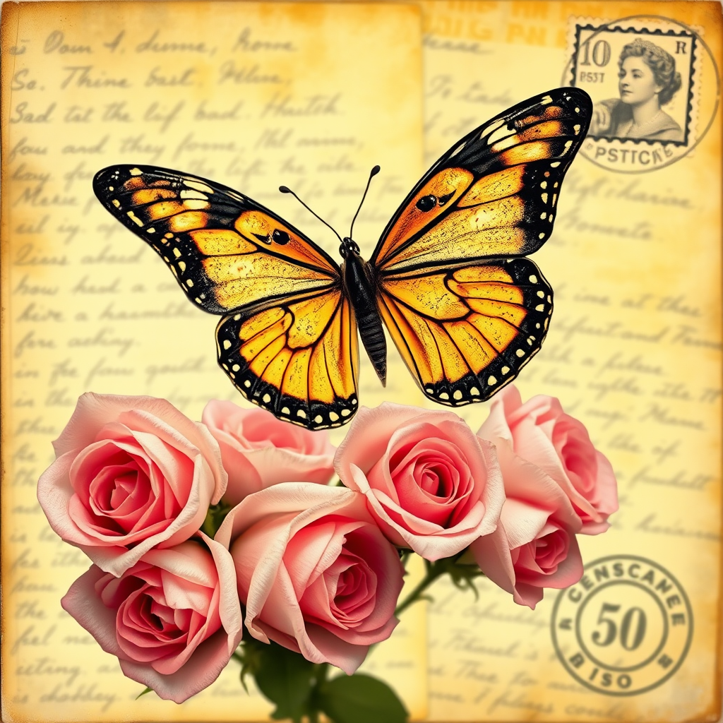 Create a vintage-style collage featuring a faded background of handwritten letters with soft yellow tones, include a butterfly with intricate patterns in the foreground, a cluster of soft pink roses, and a faded postage stamp in the corner, captured with a DSLR camera at f/2.8 for shallow depth of field, ISO 100 for clarity, and a 50mm lens for fine detail.