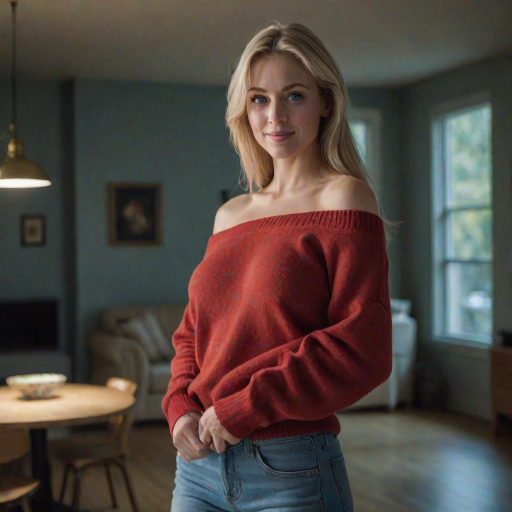realistic photography, beautiful blonde woman, milf, smirk, large breasts, blue eyes, off shoulder red sweater, light blue denim jeans, cinematic lighting, perfect shading, dynamic angle, amazing composition, detailed, 35mm photograph