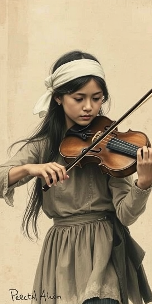 a young M'tis woman with a white headband playing a violin, in the style of a charcoal drawing, sepia grunge background
