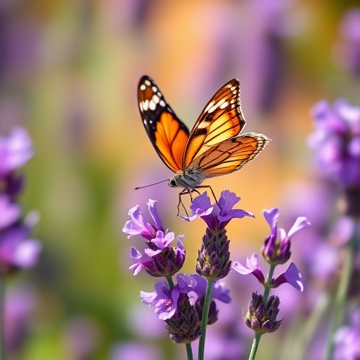 Generate an image of a butterfly perched on vibrant purple lavender flowers. The background should be softly blurred, with warm, natural lighting to create a serene garden atmosphere. Focus on the details of the butterfly's wings and the lavender blooms.