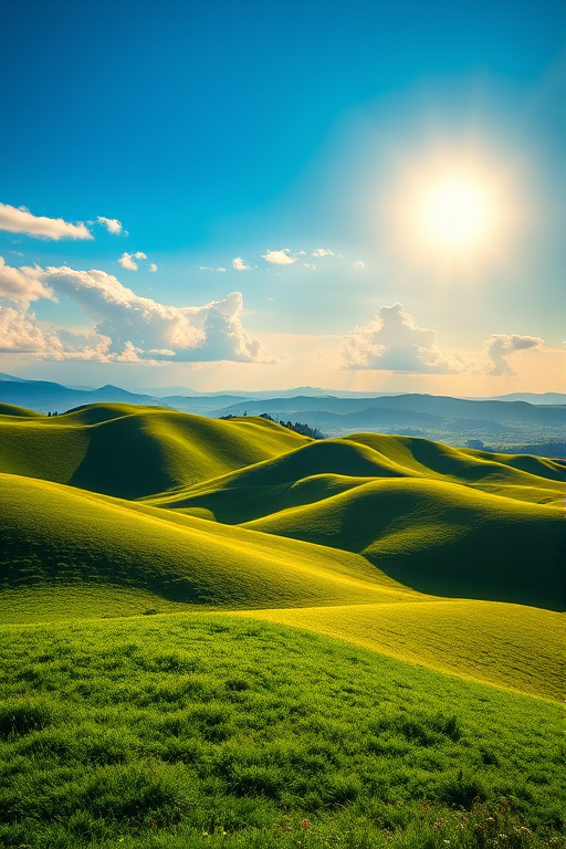 Generate a vibrant landscape with rolling green hills under a bright blue sky, featuring soft white clouds and a glowing yellow sun, using a DSLR camera with a 35mm lens at f/8, ISO 100, and a shutter speed of 1/200 seconds for optimal clarity and color saturation.