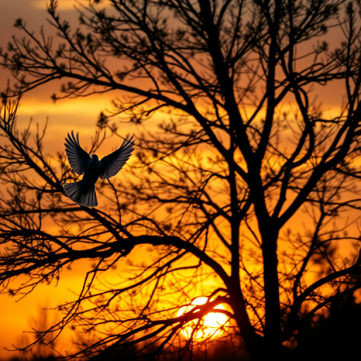 A serene scene of a white dove flying near a silhouette of a tree against a vibrant sunset, with golden rays of light piercing through the branches, captured with a DSLR camera at f/4 aperture, ISO 200, 50mm lens, shot from a low angle to emphasize the height of the tree and the elegance of the dove in motion.