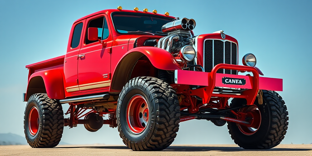 regenerate a high-resolution image of a red lifted truck with a chrome engine and oversized tires, frontal view, 50mm lens, aperture f/8, ISO 100, DSLR camera, vibrant colors and sharp details
