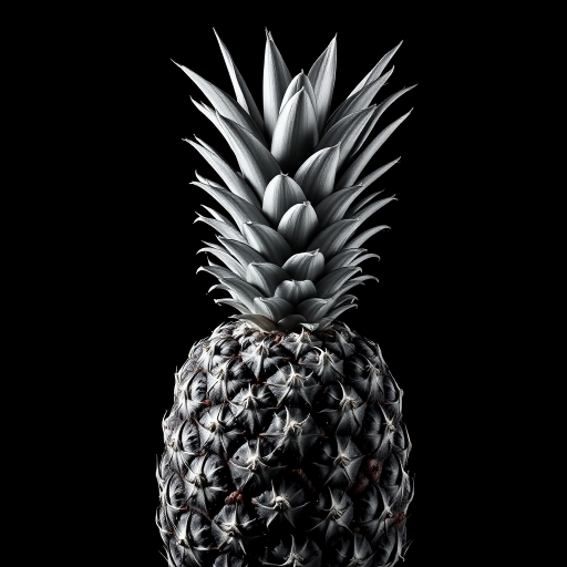 Create a high-contrast black and white image of a pineapple. The pineapple should be prominently featured with a dramatic lighting effect to highlight its texture and details. The background should be completely black to enhance the focus on the pineapple, emphasizing its unique spiky crown and rough skin.