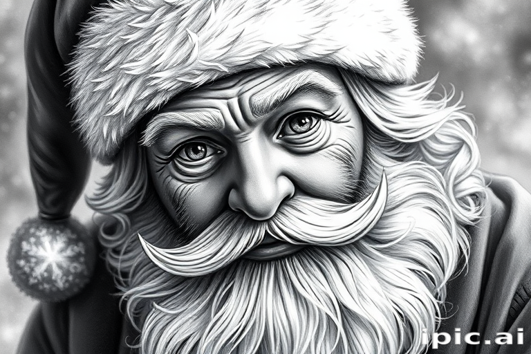 A hyperdetailed photorealistic black and white sketch of A santa with  a macro focus
