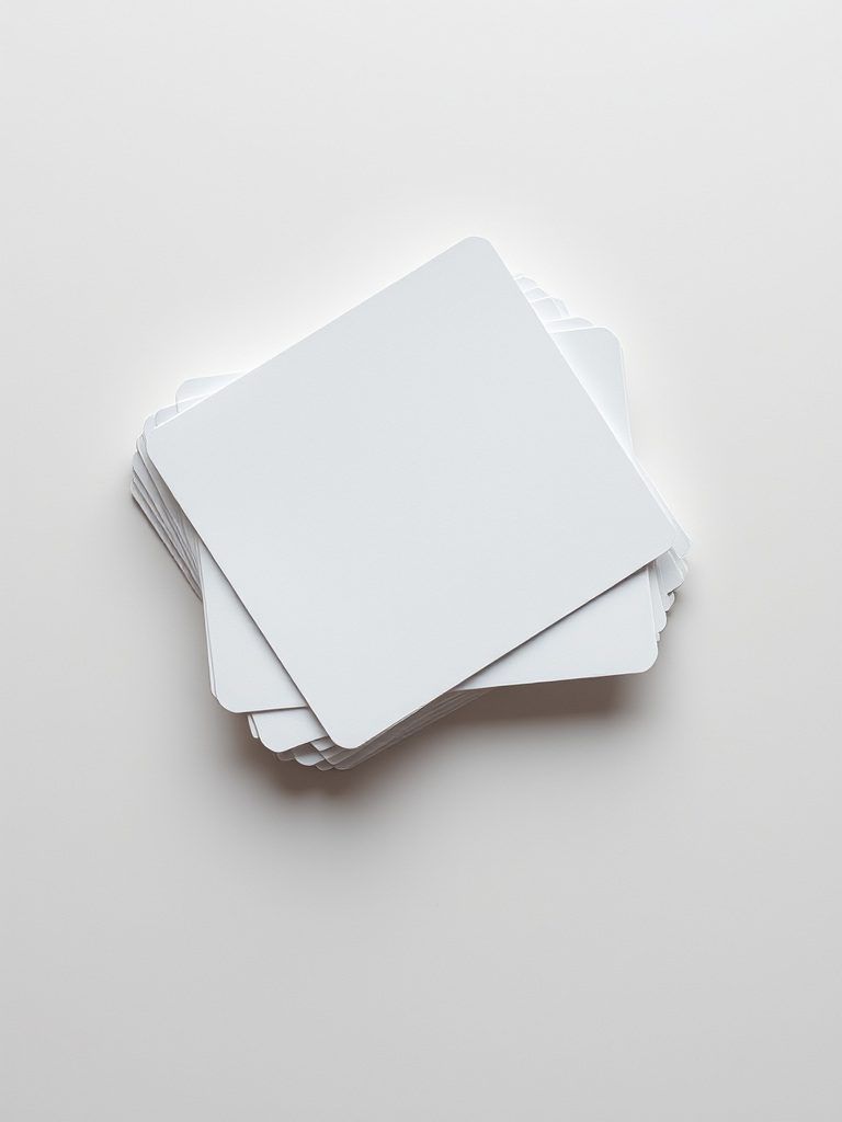 Create a highly detailed image of a stack of blank papers on a minimalist surface, shot with a Canon EOS 5D Mark IV, aperture f/8, ISO 100, 50mm lens, and a flat lay perspective to enhance clarity and texture.