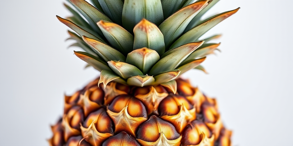 Create a high-resolution illustration of a pineapple with detailed textures and vibrant colors, using a Canon EOS R camera, 50mm lens, f/1.8 aperture, ISO 100, natural lighting for enhanced clarity and contrast.