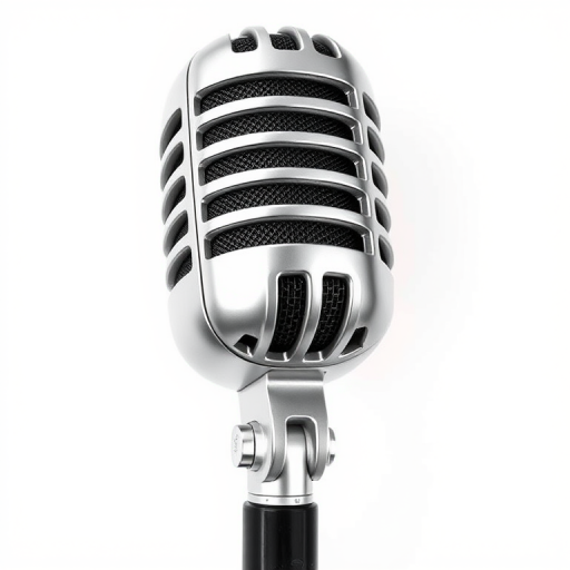 Create a high-resolution illustration of a classic microphone on a white background, using a Canon EOS R5 camera with a 50mm f/1.8 lens at f/5.6, ISO 100, 1/200 sec, shot from a front view in a flat lay style to enhance detail and clarity.