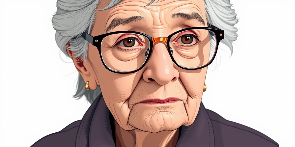 Generate a highly detailed illustration of an elderly woman with glasses, using a 50mm lens at f/1.8, shot in natural light from a slightly elevated angle, in a minimalist style to enhance lines and textures.