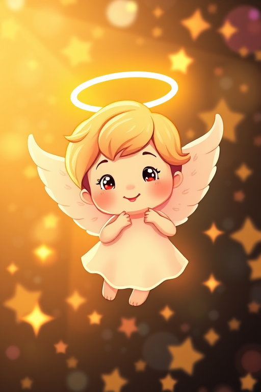 Create an image of a cute cartoon angel with a halo, surrounded by shiny stars and a sparkling background, using a Canon EOS R5, 50mm lens, aperture f/1.8, ISO 100, in vibrant colors with a soft focus and warm lighting.