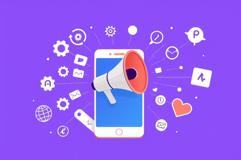 Create a vector illustration of a smartphone with a megaphone emerging from the screen, surrounded by icons like a globe, gears, a clock, a heart, and an envelope on a purple background, using a Canon EOS R5 camera with a 50mm lens, aperture f/2.8, ISO 100, shot from a top-down view to enhance detail and color vibrancy.