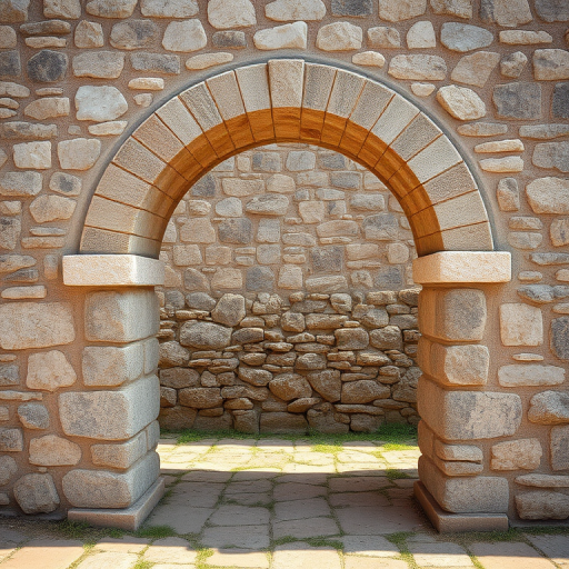 Regenerate an image of a rustic stone archway set against a textured stone wall, taken with a Canon EOS 5D Mark IV at f/8, 1/125s, ISO 100, using a wide-angle lens, in natural daylight to enhance details and colors.