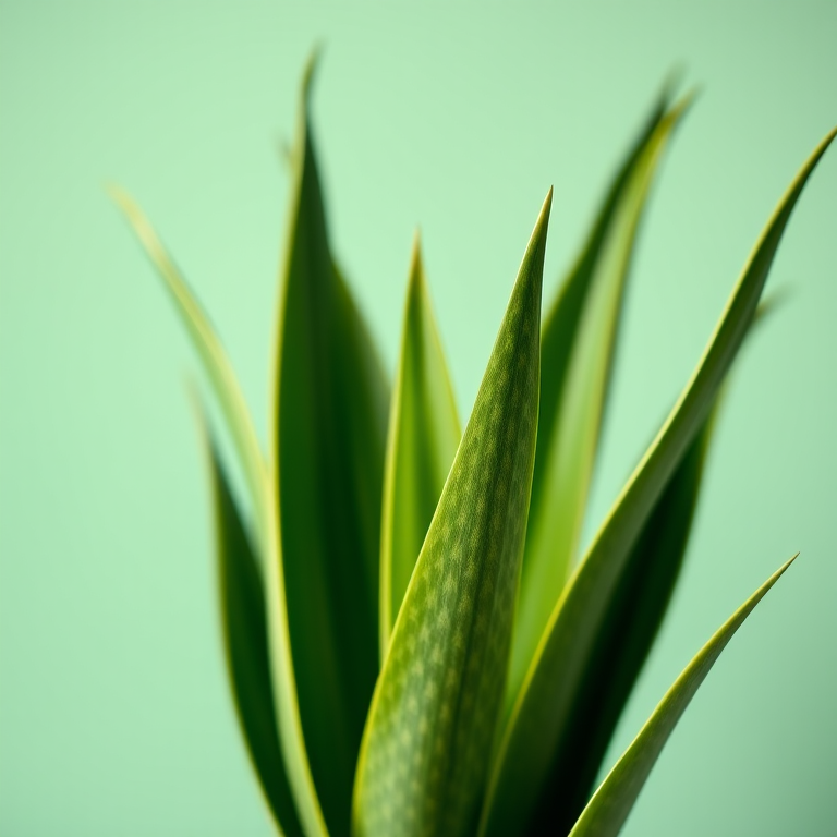 Capture a close-up image of a Sansevieria plant against a soft mint green background with a shallow depth of field, using a DSLR camera with a 50mm lens, aperture set to f/2.8, ISO 100, and shutter speed 1/200s.