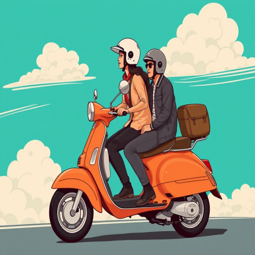 Create an illustration of a couple riding a vintage scooter, wearing stylish outfits and helmets, set against a vibrant turquoise background with dynamic cloud patterns, using a Canon EOS R5, 35mm lens, f/2.8 aperture, captured from a slightly elevated angle for depth, in a high-contrast graphic style for enhanced visual appeal.