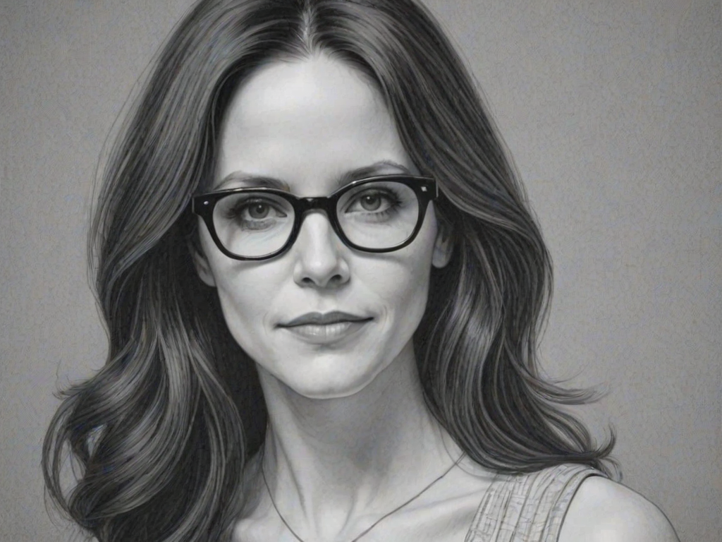 Appealing Mary-Louise Parker, pencil sketch, portrait of Radiant woman 1964s in glasses, hair style beatnik, outline, clear lines, fine lines, 8k