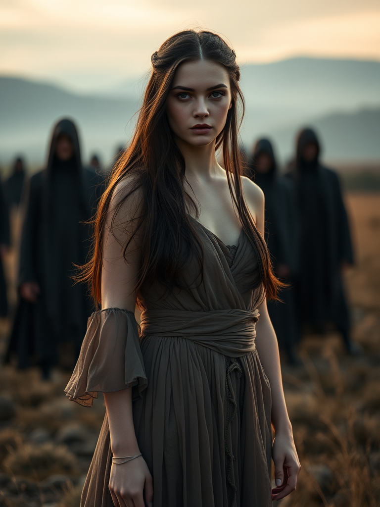 Create a cinematic portrait of a young woman with long dark hair in a tattered gown standing in a mystical landscape surrounded by shadowy figures in dark cloaks, soft focus background for depth, use a Canon EOS R5 with a 50mm f/1.2 lens, ISO 100, aperture f/1.2, shutter speed 1/200s, golden hour lighting for dramatic effect.