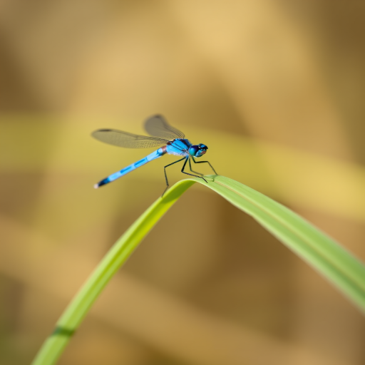 macro shot of a blue dragonfly perched on a green blade of grass, 100mm f/2.8 lens, ISO 200, 1/250 sec shutter speed, natural light, shallow depth of field, DSLR camera