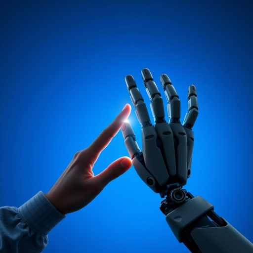 Generate an image of a human hand and a robotic hand nearly touching, set against a gradient blue background with a glowing light at the point of contact, using a Canon EOS R5 camera, f/8 aperture, 1/200 sec shutter speed, ISO 100, 50mm lens, shot in high dynamic range for enhanced details.